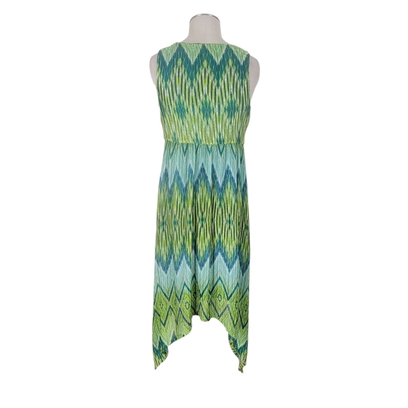 Chicos Dress Size 1 M 8 Green Blue Chevron Handkerchief Hem Sleeveless Knotted - Picture 3 of 9